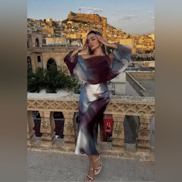 NWT ZARA SATIN printβmidi dress with cape blue and brown Included Cape - Picture 8 of 15